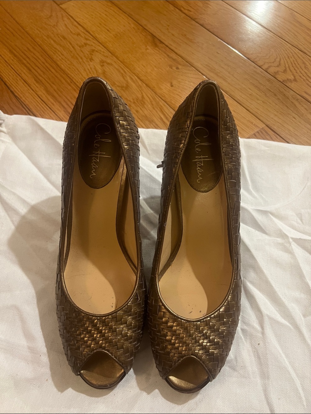 Cole Haan Bronze Woven Peep-Toe Heels